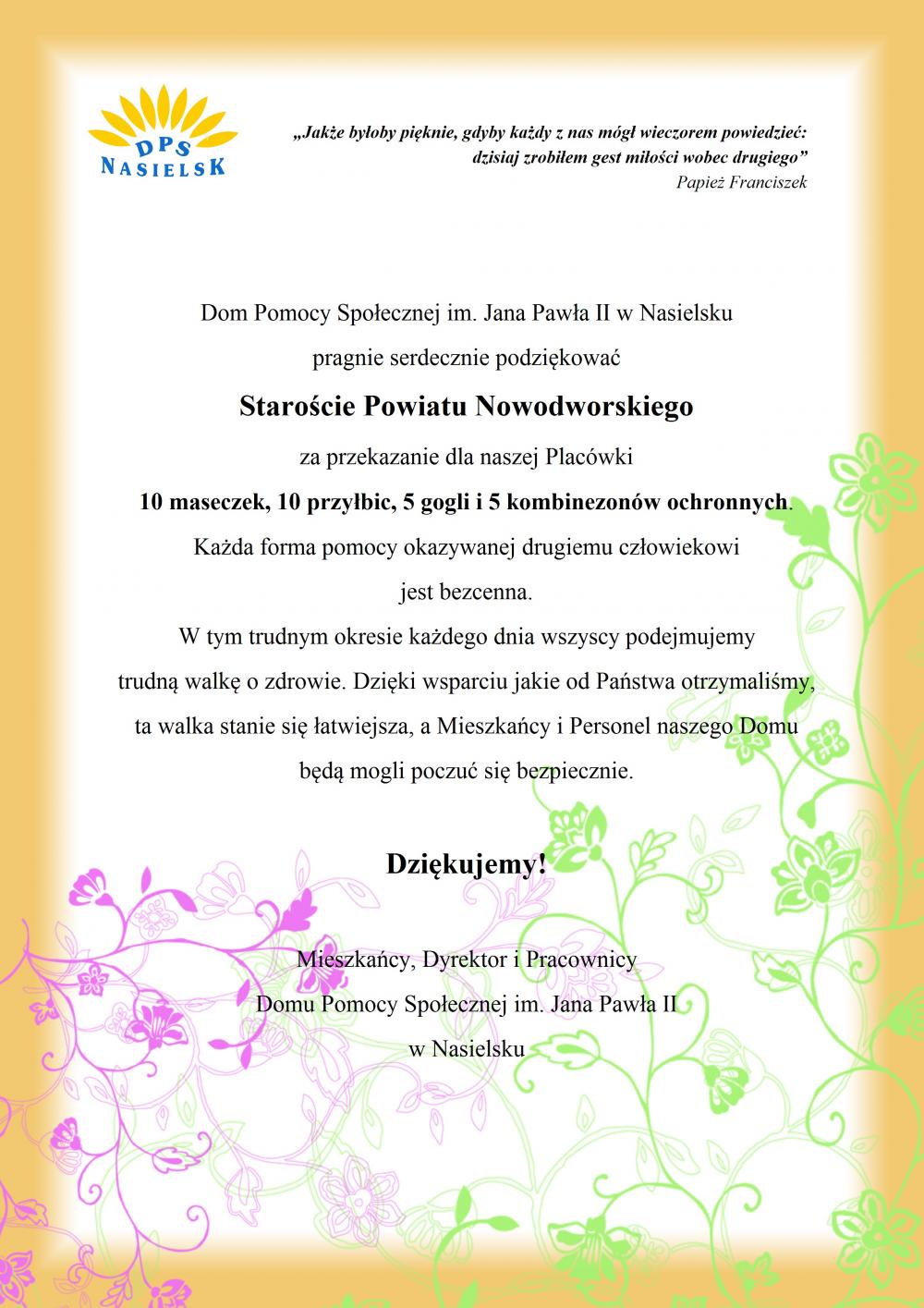 Podziękowania dla Starosty Powiatu Nowodworskiego.