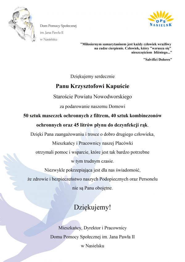Podziękowanie dla Starosty Powiatu Nowodworskiego.