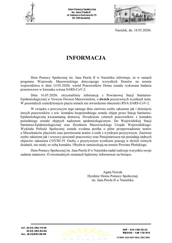 Informacja dotycząca badań w kierunku wirusa SARS-CoV-2.