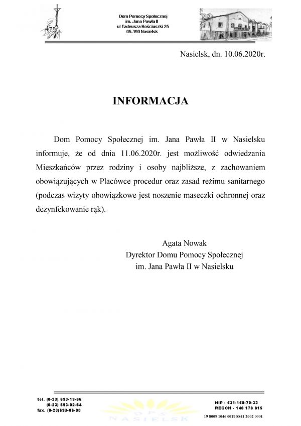 Informacja dotycząca odwiedzin Mieszkańców w naszym Domu.