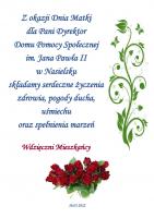 Tekst życzeń z karty, jaką Mieszkańcy podarowali Pani Dyrektor.