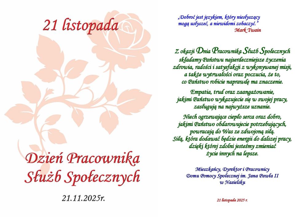 Najserdeczniejsze życzenia z okazji Dnia Pracownika Służb Społecznych. Listopad 2025 roku.