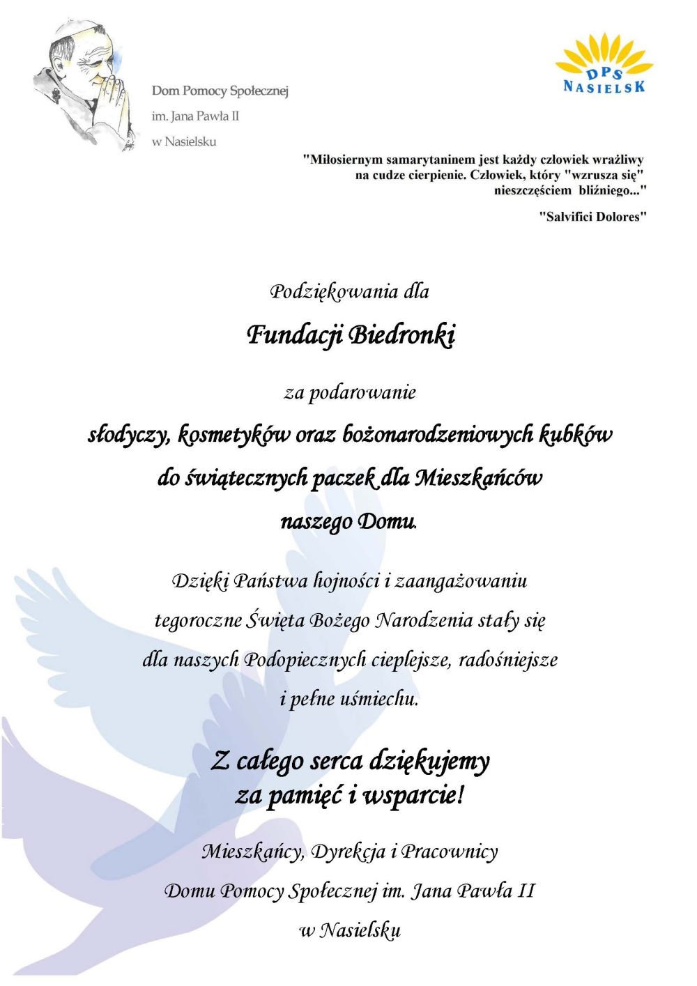 Podziękowania dla Fundacji Biedronki za pomoc w przygotowaniu bożonarodzeniowych paczek dla Mieszkańców Domu.