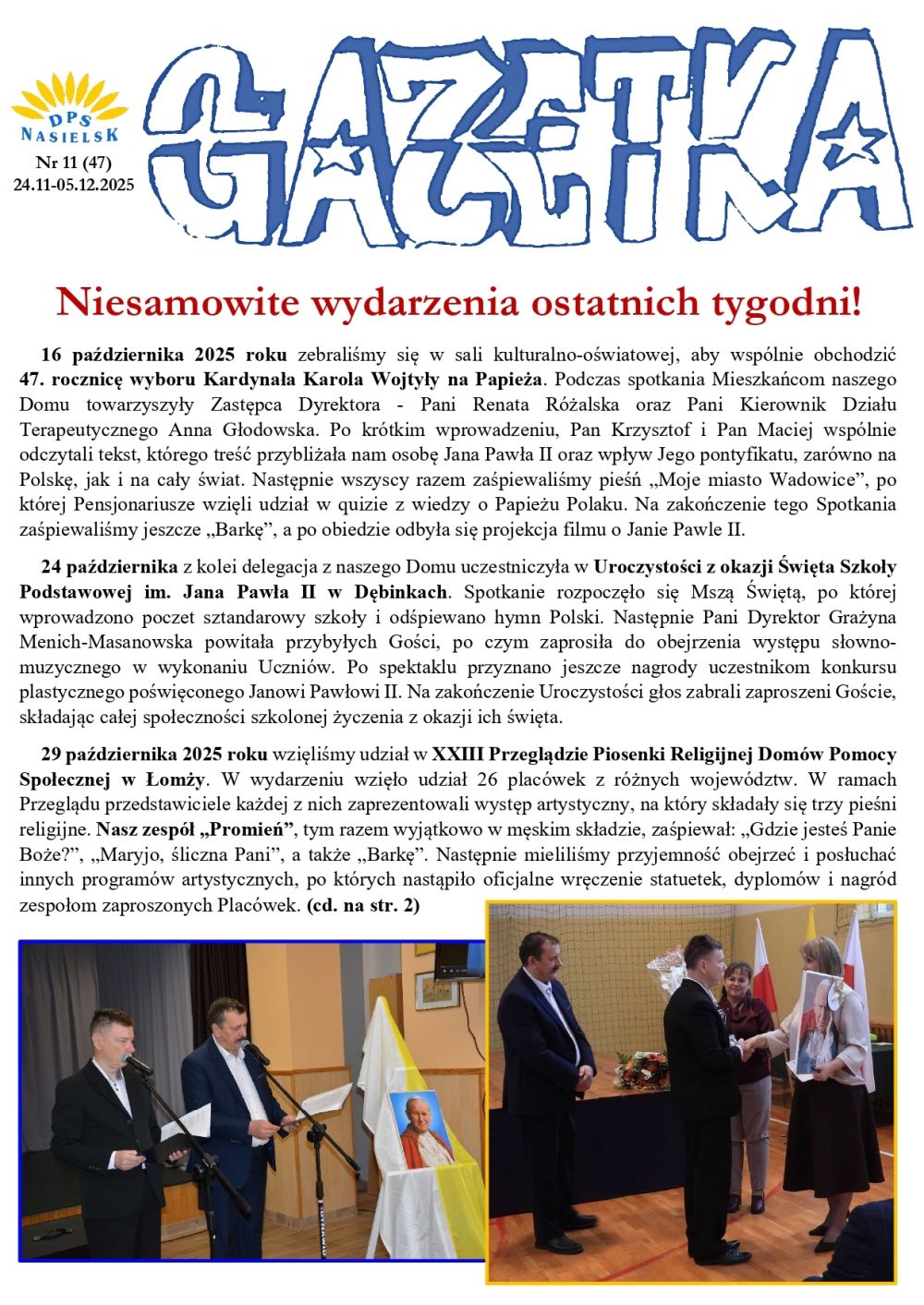 Gazetka naszego Domu. Numer 47. Strona pierwsza.